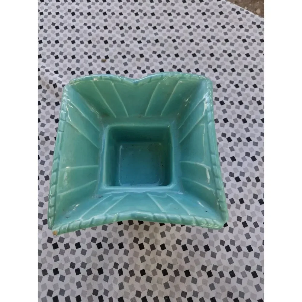 Vintage Miranda Pottery Pot/Reticulated Brass Stand Small Teal Scalloped